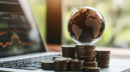 Conceptual image showing a digital laptop with financial data, a pile of coins, and a glass globe reflecting global economic growth and investment opportunities.の素材