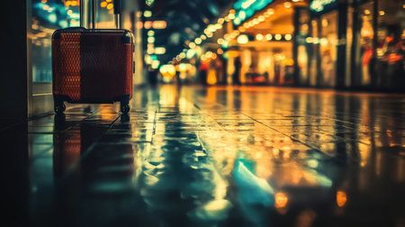 A travelers suitcase rests on a rain-soaked pavement in a vibrant urban shopping area, reflecting colorful lights and creating a mesmerizing evening scene with a sense of adventure.の素材