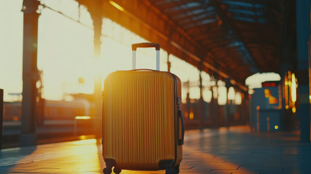 A vibrant yellow suitcase stands alone on a train station platform as the sun sets, creating a glowing atmosphere suitable for travel enthusiasts and adventurers.の素材