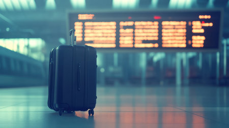 A striking image of a black suitcase placed on the airport floor beside a bright departure board, evoking feelings of travel anticipation and adventure.の素材