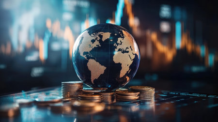 A striking visual of a globe on coins illustrates the interconnectedness of global finance, highlighting economic trends and market dynamics in a modern financial landscape.の素材