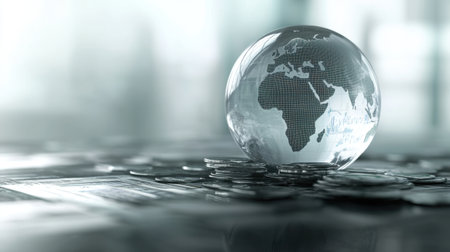 A transparent globe focusing on Africa is aligned with scattered coins, visually interpreting the themes of finance, globalization, and economic connection in today's world.の素材