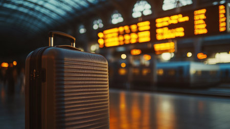 A stylish suitcase stands prominently in a bustling train station, with illuminated departure boards in the background, evoking the spirit of travel and adventure.の素材