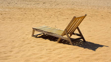 A lone wooden lounge chair sits on soft sandy beach, bathed in warm sunlight, offering a perfect spot for relaxation and peaceful contemplation by the sea.の素材