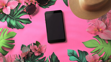 A stylish summer flat lay featuring a smartphone on a vibrant pink background adorned with tropical leaves, sunglasses, hat, and flowers, perfect for travel or lifestyle themes.の素材