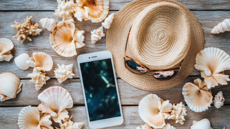 A stylish summer beach setup featuring a smartphone, sunglasses, and assorted seashells on a wooden surface, perfect for capturing vacation memories and inspiring relaxation.の素材