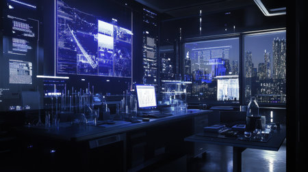 A modern office featuring high-tech monitors and glowing data displays, offering a stunning night view of the city skyline, perfect for creative technology projects.の素材