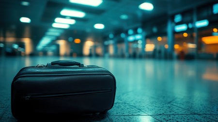 A solitary black suitcase rests on the polished floor of an empty airport terminal, evoking feelings of abandonment and anticipation. The blurred background hints at modern travel dynamics.の素材