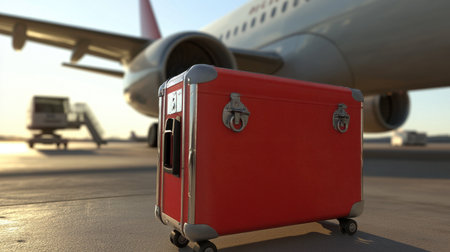 A vibrant red luggage piece stands prominently on the airport tarmac, set against the backdrop of an airplane, symbolizing the excitement of travel and adventure.の素材