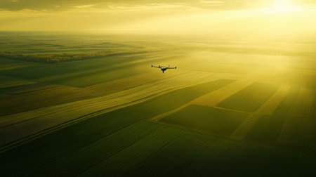This stunning aerial image captures a drone flying over vibrant green fields at sunset, showcasing the harmony between technology and rural landscapes.の素材