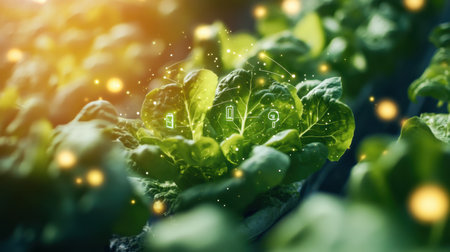 Close-up view of fresh lettuce leaves showcasing digital icons, symbolizing the integration of technology into sustainable agriculture and healthy food production.の素材