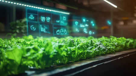 Explore the future of agriculture with hydroponic technology as vibrant lettuce thrives under interactive digital displays highlighting growth metrics in a controlled indoor environment.の素材