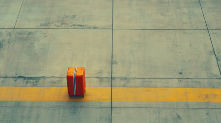 A bright orange suitcase stands alone on a smooth concrete surface, complemented by a yellow line, symbolizing travel, adventure, and the excitement of exploring new destinations.の素材