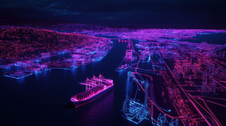 A stunning aerial view of a vibrant urban landscape at night, featuring neon-lit structures, digital shipping vessels, and a mesmerizing scene that embodies futuristic innovation and technology.の素材