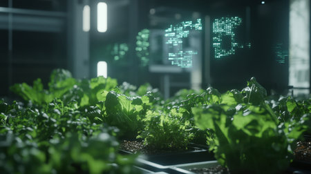 A vibrant indoor farming scene featuring lush green lettuce thriving in a high-tech hydroponic setup, showcasing innovative agricultural practices geared towards sustainability and healthy living.の素材