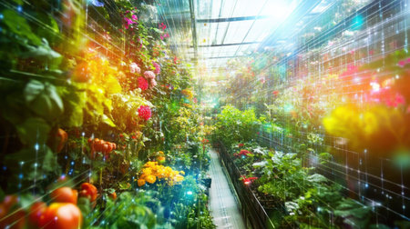 Explore a vibrant greenhouse bursting with colorful foliage and fresh produce, beautifully illuminated with dreamy light effects for a magical atmosphere.の素材