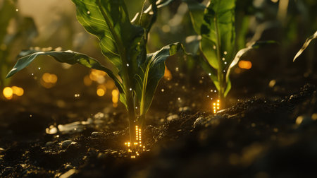 A serene view of vibrant corn plants sprouting from dark soil with glowing digital accents, symbolizing the future of sustainable agriculture and innovative farming technology at sunrise.の素材