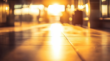 Capturing the warm glow of sunrise in an airport terminal, this image showcases a shiny floor and tranquil atmosphere, inviting travelers to experience peace before their journey.の素材