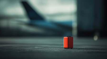 A striking red suitcase stands out alone on the airport tarmac, evoking a sense of adventure and longing for travel amidst the blurred backdrop of an airplane.の素材