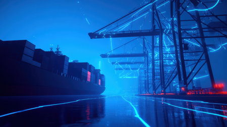Explore a futuristic cargo terminal showcasing a glowing container ship and advanced cranes amidst a vibrant, tech-inspired port environment, emphasizing modern logistics and transport.の素材