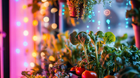 A stunning indoor garden filled with lush greens and ripe tomatoes, accented by colorful decorative lights that create an inviting atmosphere for home gardening enthusiasts.の素材