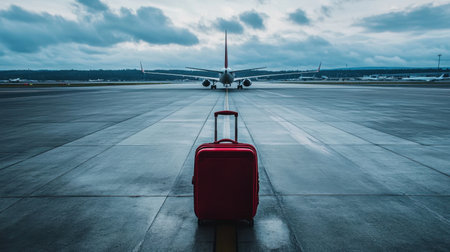 A captivating image featuring a red suitcase on an airport runway, with a distant airplane under a cloudy sky, symbolizing travel dreams and adventures waiting to unfold.の素材