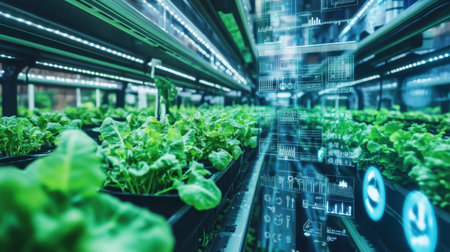This image illustrates a modern indoor hydroponic farming system that integrates digital technology to enhance the growth and health of produce in a sustainable environment.の素材