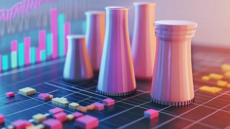 This vibrant image showcases a stylized interpretation of nuclear cooling towers against a backdrop of colorful data charts, representing energy efficiency and innovation in technology.の素材