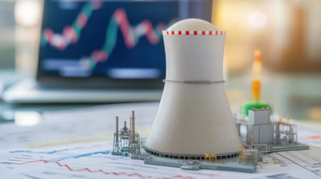 A close-up view of a nuclear power plant model beside financial charts, symbolizing the intersection of energy production and economic analysis in today's world.の素材