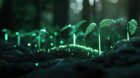 A captivating scene showcasing luminous green seedlings breaking through the soil in a serene forest, symbolizing renewal, growth, and the beauty of nature's resilience.の素材