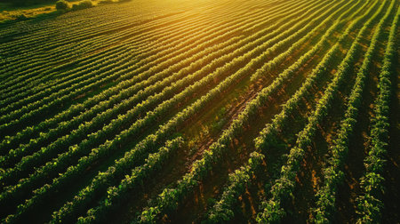 Beautiful aerial view of a vibrant vineyard at sunrise, highlighting the rows of lush green plants bathed in warm sunlight, ideal for showcasing natural beauty and agricultural themes.の素材