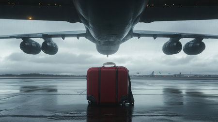 A vibrant red suitcase sits beneath a massive airplane on a rainy airport runway, capturing the essence of travel and exploration in an atmospheric setting.の素材