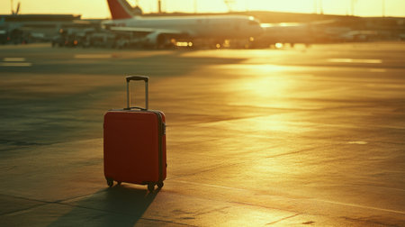 A striking image of a red luggage left on the tarmac during a beautiful sunset, with silhouettes of airplanes in the background, encapsulating the thrill of travel and exploration.の素材