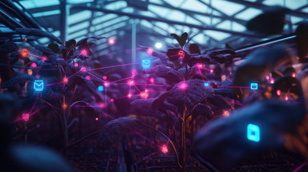 Explore a captivating greenhouse scene where plants thrive alongside glowing digital connections, symbolizing the fusion of nature and technology in modern agriculture.の素材