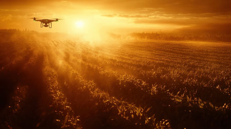 A drone flies over a golden agricultural field at sunset, capturing the stunning beauty of nature. The scene portrays a harmonious blend of technology and rural life.の素材