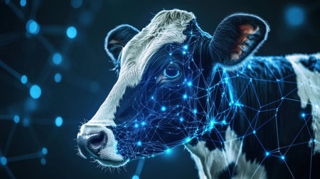 A striking image of a cow intertwined with digital connections, symbolizing advancements in agriculture, modern farming, and future technology in the livestock industry.の素材