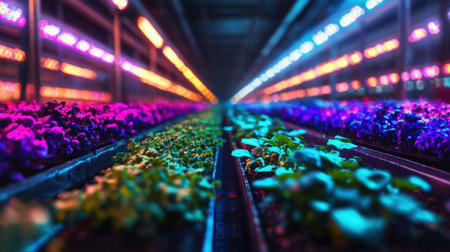 A stunning view of an indoor hydroponic greenhouse illuminated by colorful LED lights, showcasing various plants growing in a sustainable and innovative farming environment.の素材