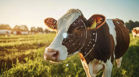 A charming brown and white cow stands in a vibrant pasture, with a digital overlay symbolizing advanced agricultural technology and smart farming solutions in modern agriculture.の素材