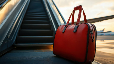 A vibrant red travel bag sits appealingly near an escalator at an airport, bathed in the warm glow of sunrise, showcasing perfect travel gear for adventurers and wanderers.の素材