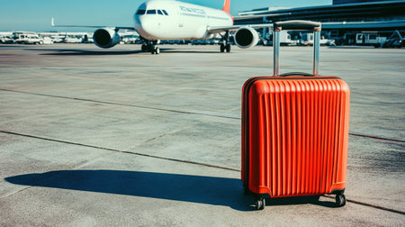 An eye-catching bright orange suitcase stands on the tarmac, with a large airplane in the background, symbolizing adventure and the excitement of travel in a modern airport setting.の素材