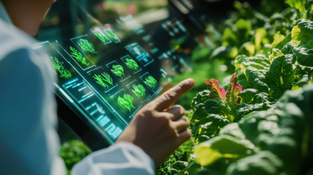 A person utilizes advanced technology to monitor and analyze the health of crops in a greenhouse, showcasing a blend of agriculture and digital innovation for improved farming practices.の素材