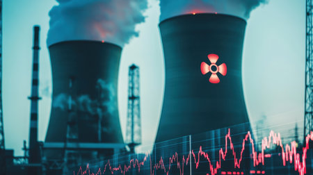 View of nuclear power plant with cooling towers emitting steam and red radiological symbol reflecting the complex relationship between energy production and environmental concerns.の素材