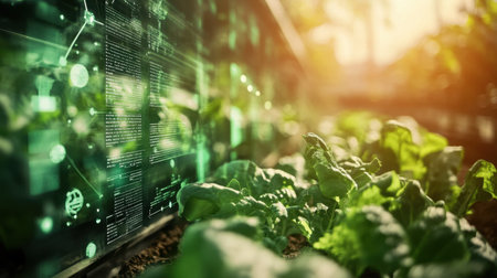 A visually striking hydroponic farm scene highlighting the interaction between lush crops and advanced technology, showcasing the future of sustainable agriculture.の素材