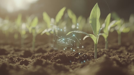 A serene scene of young plants growing in soil, enhanced by an overlay of digital analytics, showcasing the intersection of nature and technology in modern agriculture.の素材
