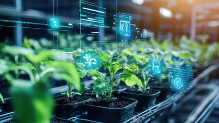 A modern greenhouse featuring healthy plants and advanced agricultural technology. Digital interfaces visualize plant growth, revolutionizing farming with innovation and data insights.の素材