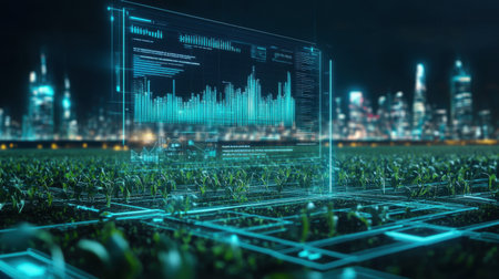 A stunning visualization of data over an agricultural field at night, showcasing advanced farming technology and metrics, set against a modern city skyline in the background.の素材