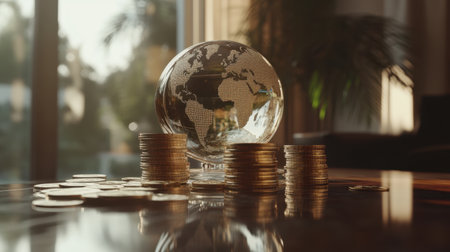 A beautifully crafted glass globe sits atop a stack of coins, symbolizing global wealth and investment strategies in a well-lit office space, conveying a sense of prosperity and financial growth.の素材