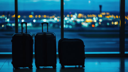 A captivating silhouette of three pieces of luggage set against a vibrant airport backdrop at night, showcasing the allure of travel and exploration with glowing city lights.の素材