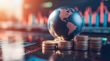 A striking image of a globe resting on a stack of coins, with financial charts in the background, symbolizing global investment opportunities and economic growth strategies.の素材