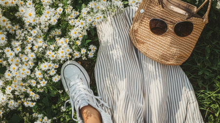 A stylish flat lay featuring white sneakers, a striped dress, a straw bag, and sunglasses amidst blooming daisies, capturing the essence of summer relaxation in nature.の素材
